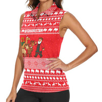 Afghanistan Christmas Women Sleeveless Polo Shirt with Santa Camels Sheep Traditional Pattern and Festive Design - Wonder Print Shop
