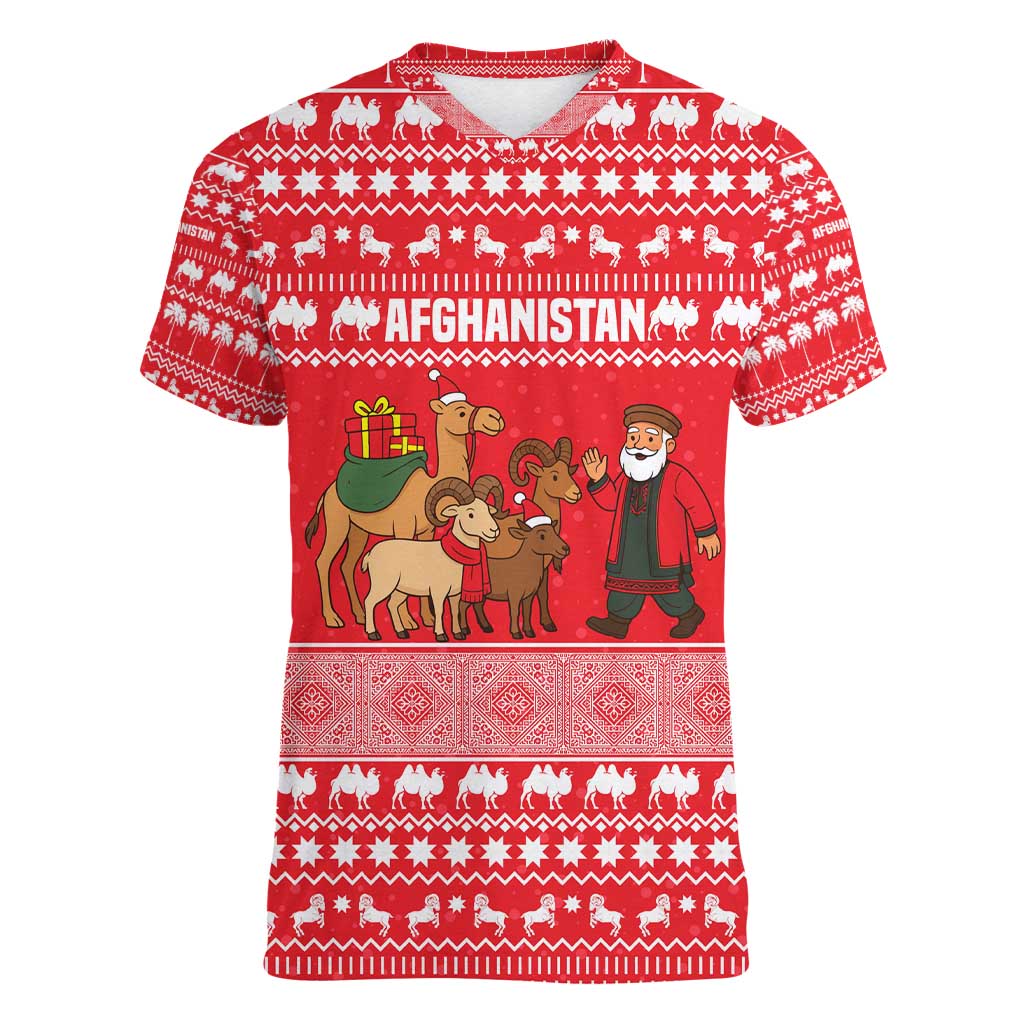 Afghanistan Christmas Women V-Neck T-Shirt with Santa Camels Sheep Traditional Pattern and Festive Design - Wonder Print Shop