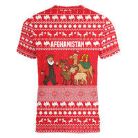 Afghanistan Christmas Women V-Neck T-Shirt with Santa Camels Sheep Traditional Pattern and Festive Design - Wonder Print Shop