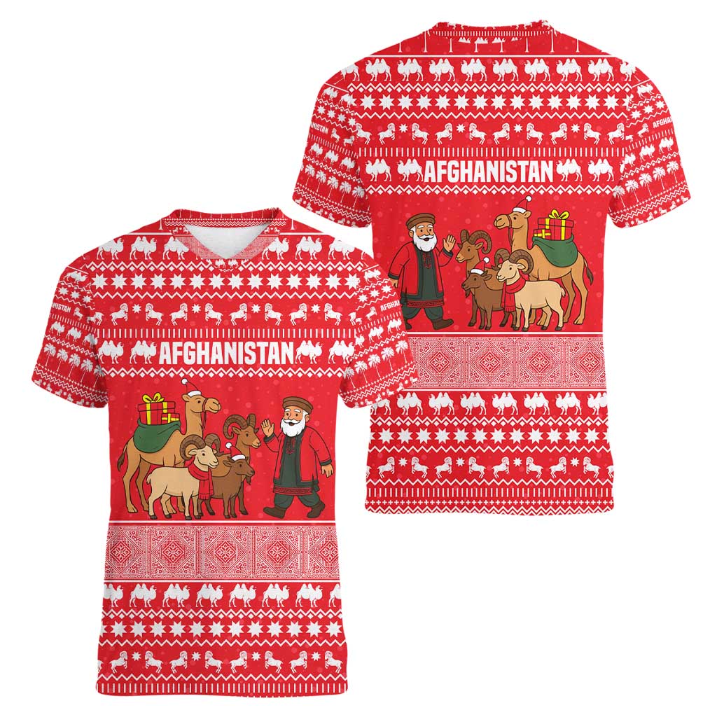 Afghanistan Christmas Women V-Neck T-Shirt with Santa Camels Sheep Traditional Pattern and Festive Design - Wonder Print Shop