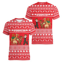Afghanistan Christmas Women V-Neck T-Shirt with Santa Camels Sheep Traditional Pattern and Festive Design - Wonder Print Shop