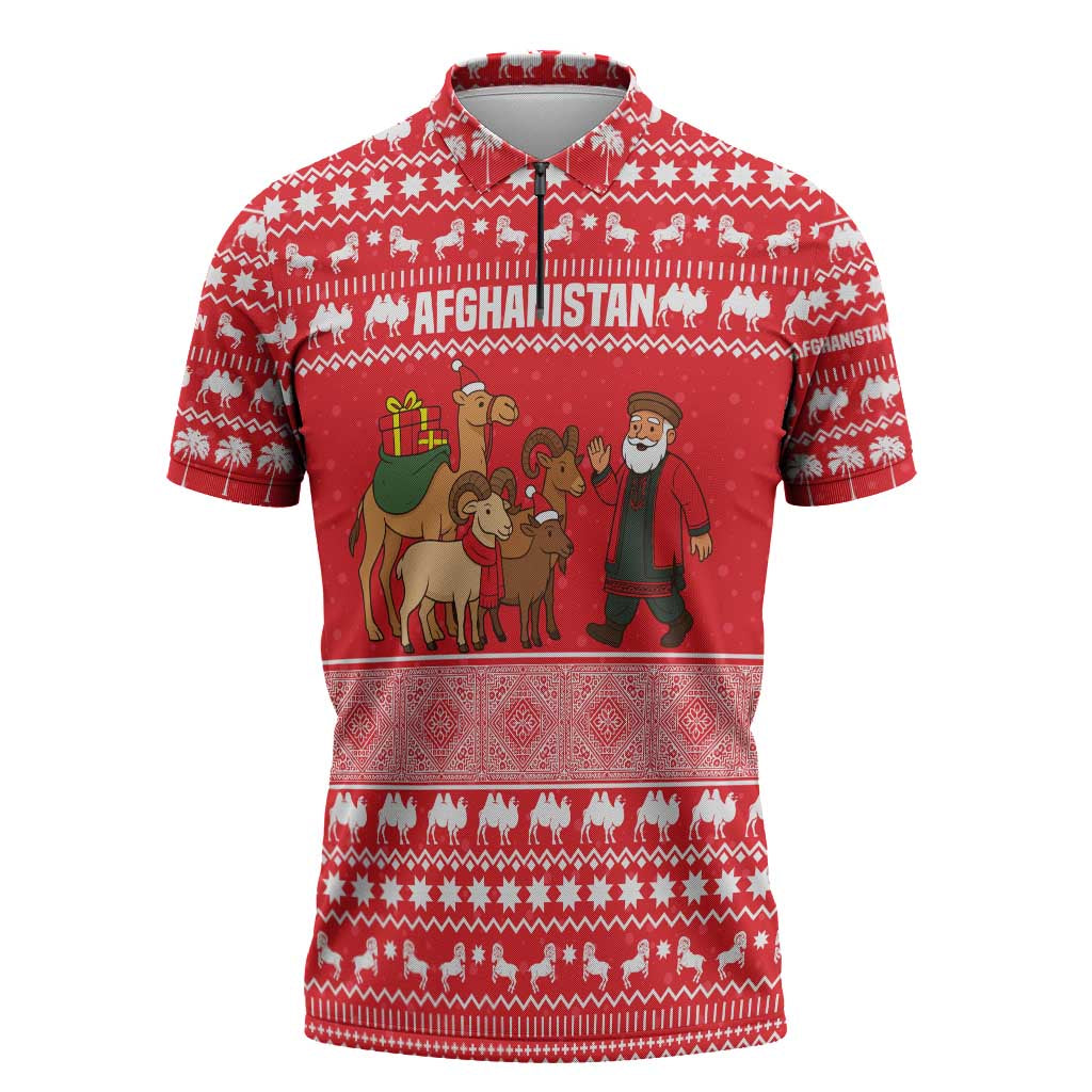 Afghanistan Christmas Zipper Polo Shirt with Santa Camels Sheep Traditional Pattern and Festive Design - Wonder Print Shop