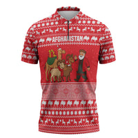 Afghanistan Christmas Zipper Polo Shirt with Santa Camels Sheep Traditional Pattern and Festive Design - Wonder Print Shop