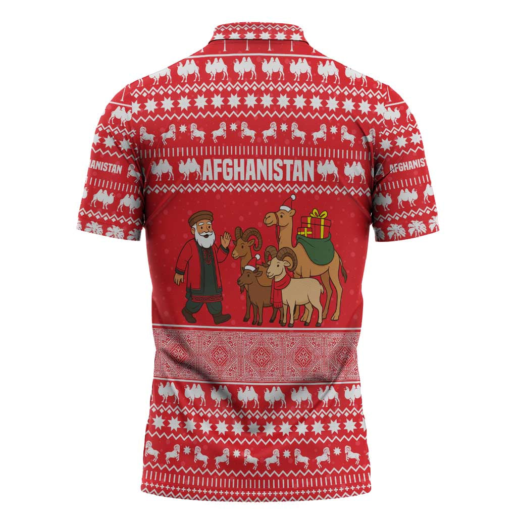 Afghanistan Christmas Zipper Polo Shirt with Santa Camels Sheep Traditional Pattern and Festive Design - Wonder Print Shop