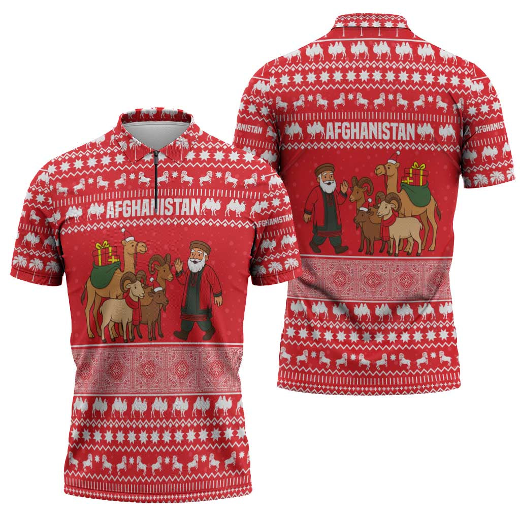 Afghanistan Christmas Zipper Polo Shirt with Santa Camels Sheep Traditional Pattern and Festive Design - Wonder Print Shop