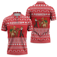Afghanistan Christmas Zipper Polo Shirt with Santa Camels Sheep Traditional Pattern and Festive Design - Wonder Print Shop