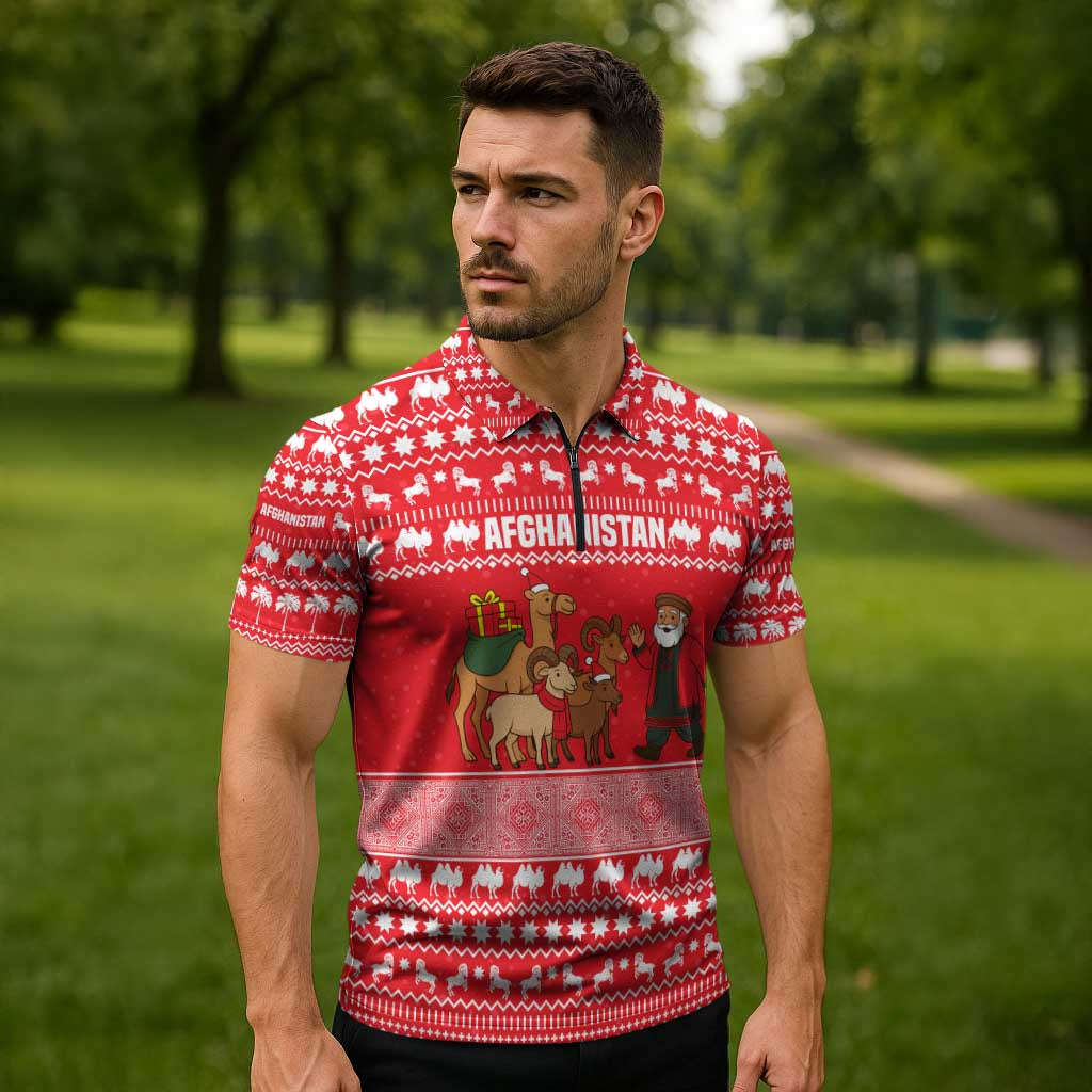 Afghanistan Christmas Zipper Polo Shirt with Santa Camels Sheep Traditional Pattern and Festive Design - Wonder Print Shop