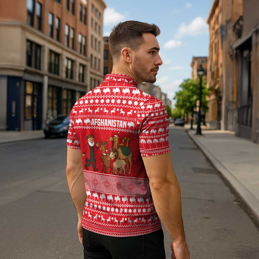 Afghanistan Christmas Zipper Polo Shirt with Santa Camels Sheep Traditional Pattern and Festive Design - Wonder Print Shop