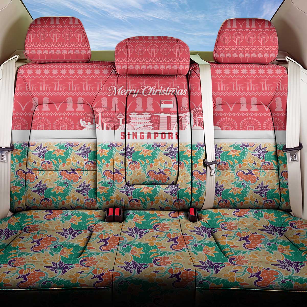 Singapore Christmas Back Car Seat Cover with Skyline Batik Patterns Landmark Silhouettes and Festive Design - Wonder Print Shop