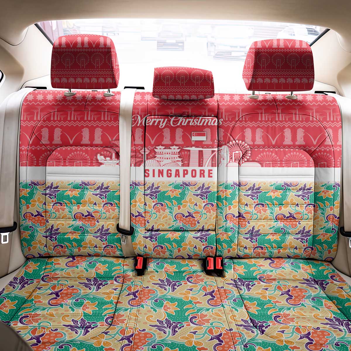 Singapore Christmas Back Car Seat Cover with Skyline Batik Patterns Landmark Silhouettes and Festive Design - Wonder Print Shop