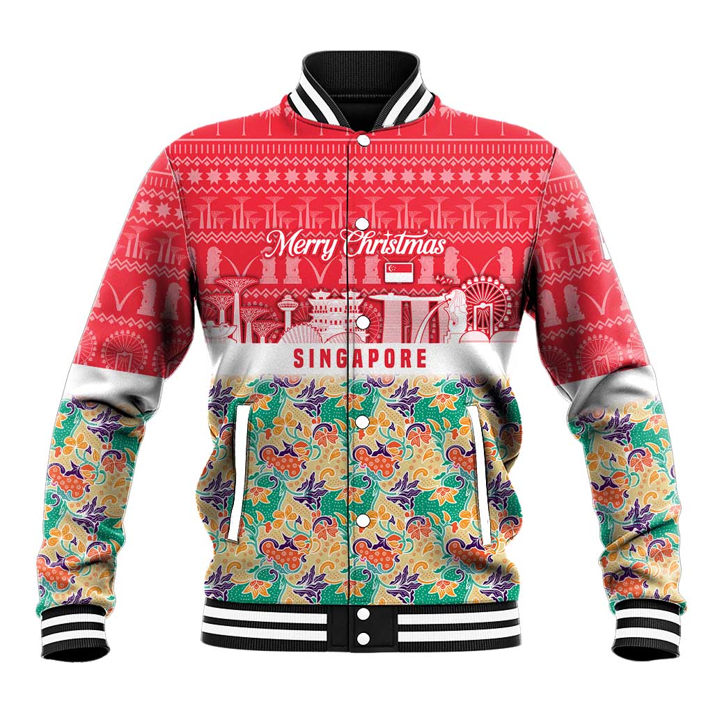 Singapore Christmas Baseball Jacket with Skyline Batik Patterns Landmark Silhouettes and Festive Design - Wonder Print Shop