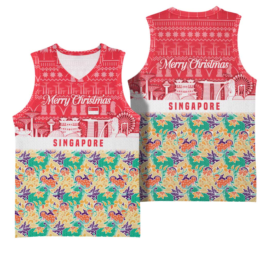 Singapore Christmas Basketball Jersey with Skyline Batik Patterns Landmark Silhouettes and Festive Design - Wonder Print Shop