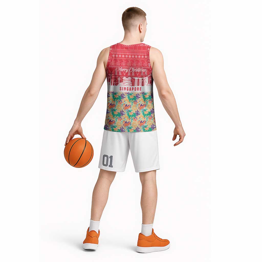 Singapore Christmas Basketball Jersey with Skyline Batik Patterns Landmark Silhouettes and Festive Design - Wonder Print Shop