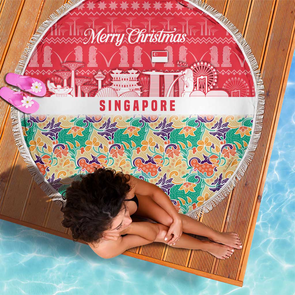 Singapore Christmas Beach Blanket with Skyline Batik Patterns Landmark Silhouettes and Festive Design - Wonder Print Shop