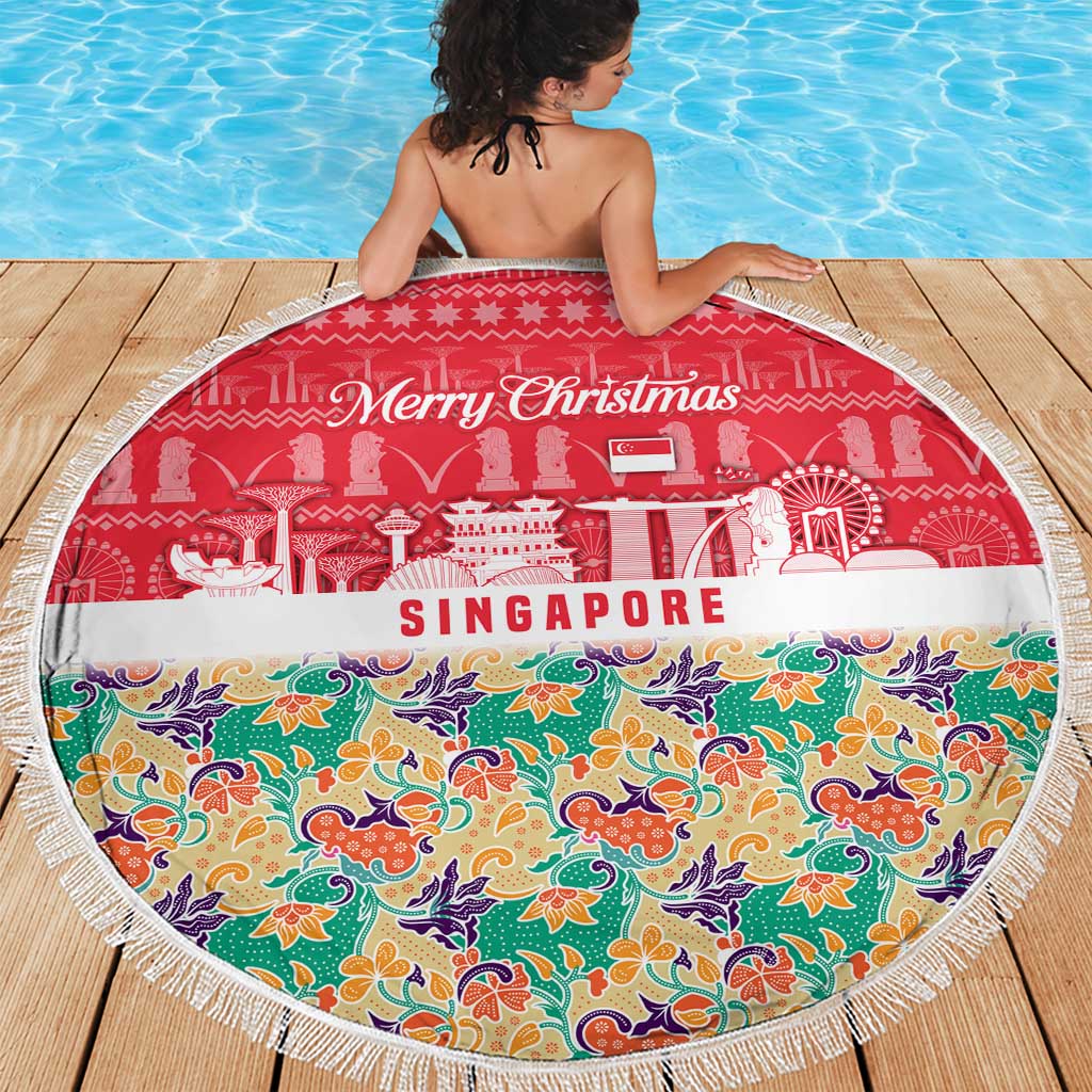 Singapore Christmas Beach Blanket with Skyline Batik Patterns Landmark Silhouettes and Festive Design - Wonder Print Shop