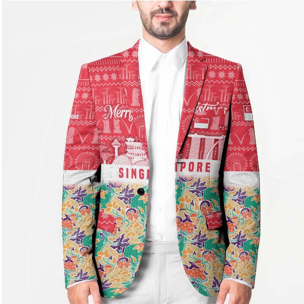 Singapore Christmas Blazer with Skyline Batik Patterns Landmark Silhouettes and Festive Design - Wonder Print Shop