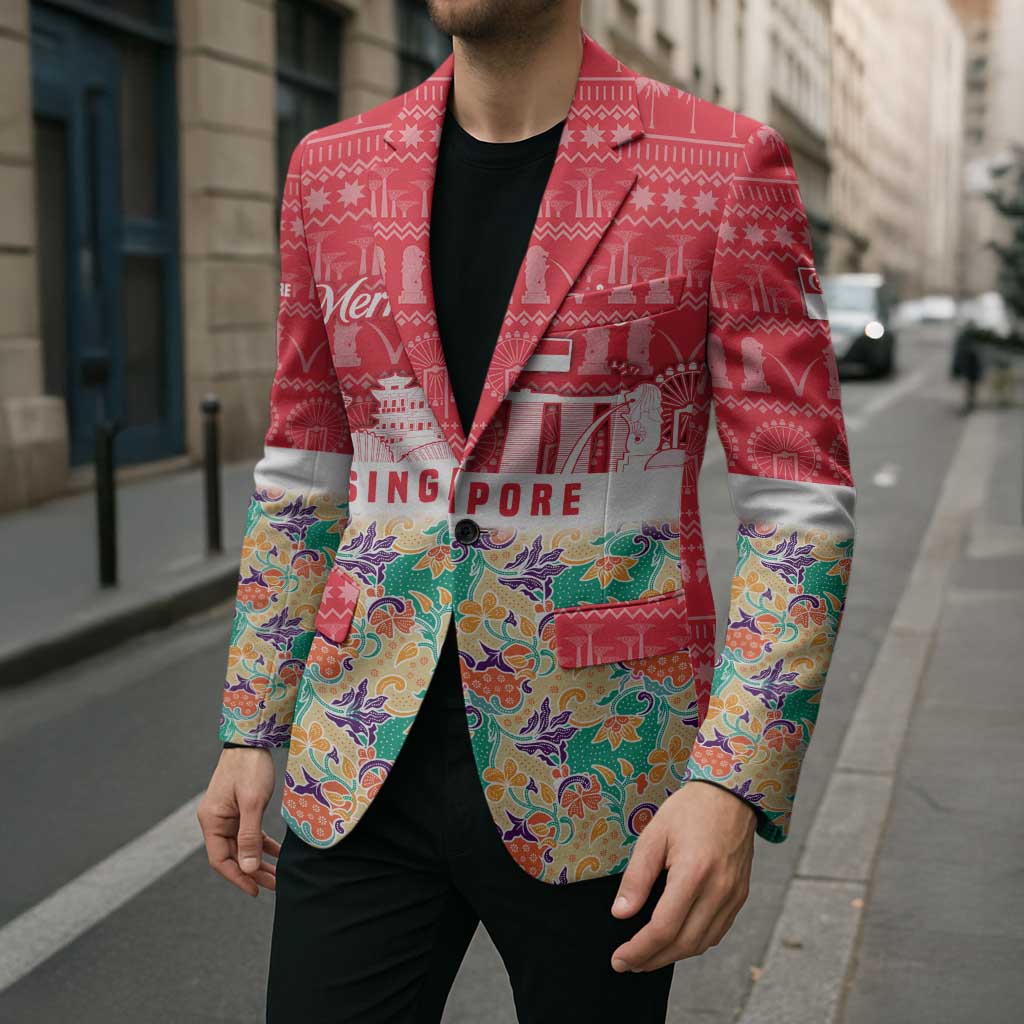 Singapore Christmas Blazer with Skyline Batik Patterns Landmark Silhouettes and Festive Design - Wonder Print Shop