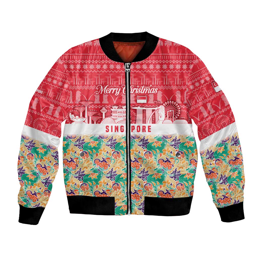 Singapore Christmas Bomber Jacket with Skyline Batik Patterns Landmark Silhouettes and Festive Design - Wonder Print Shop