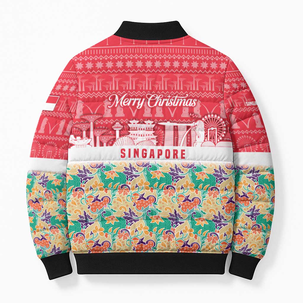 Singapore Christmas Bomber Puffer Jacket with Skyline Batik Patterns Landmark Silhouettes and Festive Design - Wonder Print Shop