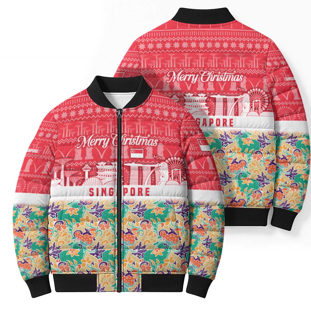 Singapore Christmas Bomber Puffer Jacket with Skyline Batik Patterns Landmark Silhouettes and Festive Design - Wonder Print Shop