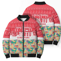 Singapore Christmas Bomber Puffer Jacket with Skyline Batik Patterns Landmark Silhouettes and Festive Design - Wonder Print Shop