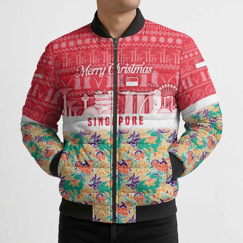 Singapore Christmas Bomber Puffer Jacket with Skyline Batik Patterns Landmark Silhouettes and Festive Design - Wonder Print Shop