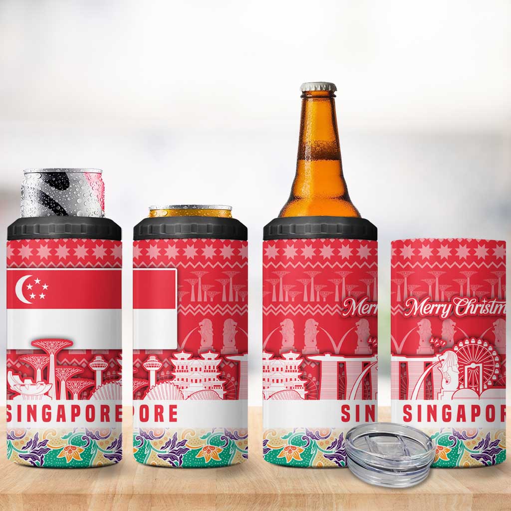 Singapore Christmas 4 in 1 Can Cooler Tumbler with Skyline Batik Patterns Landmark Silhouettes and Festive Design - Wonder Print Shop