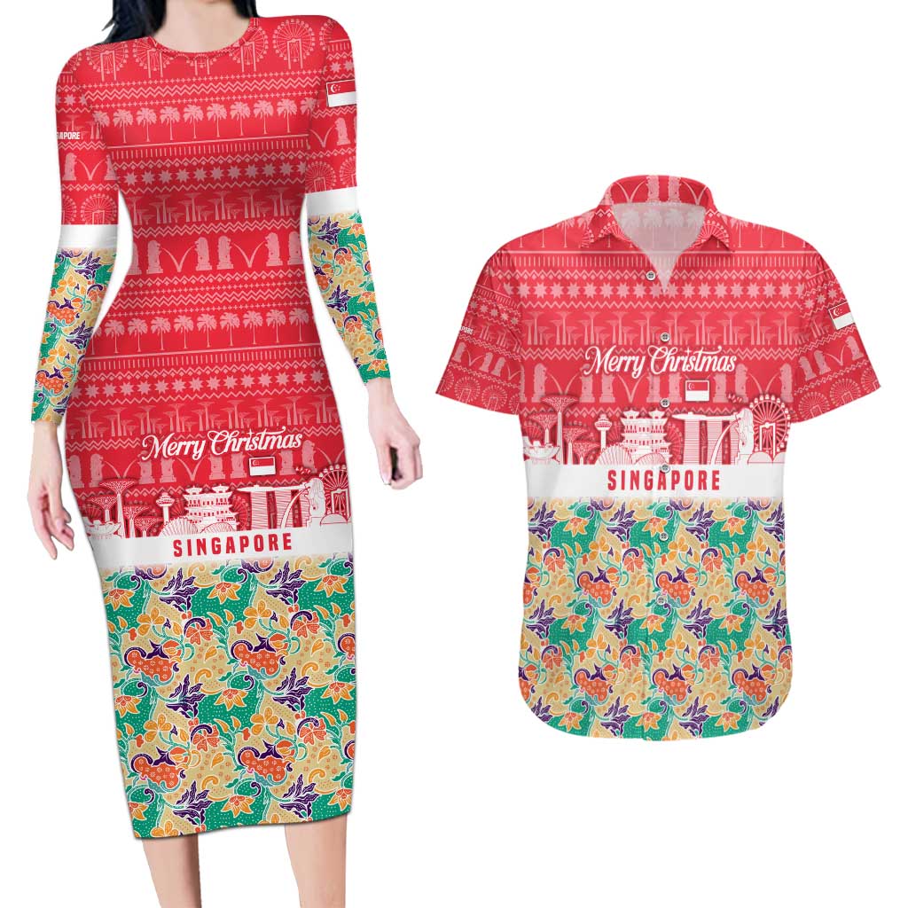Singapore Christmas Couples Matching Long Sleeve Bodycon Dress and Hawaiian Shirt with Skyline Batik Patterns Landmark Silhouettes and Festive Design - Wonder Print Shop