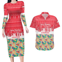 Singapore Christmas Couples Matching Long Sleeve Bodycon Dress and Hawaiian Shirt with Skyline Batik Patterns Landmark Silhouettes and Festive Design - Wonder Print Shop