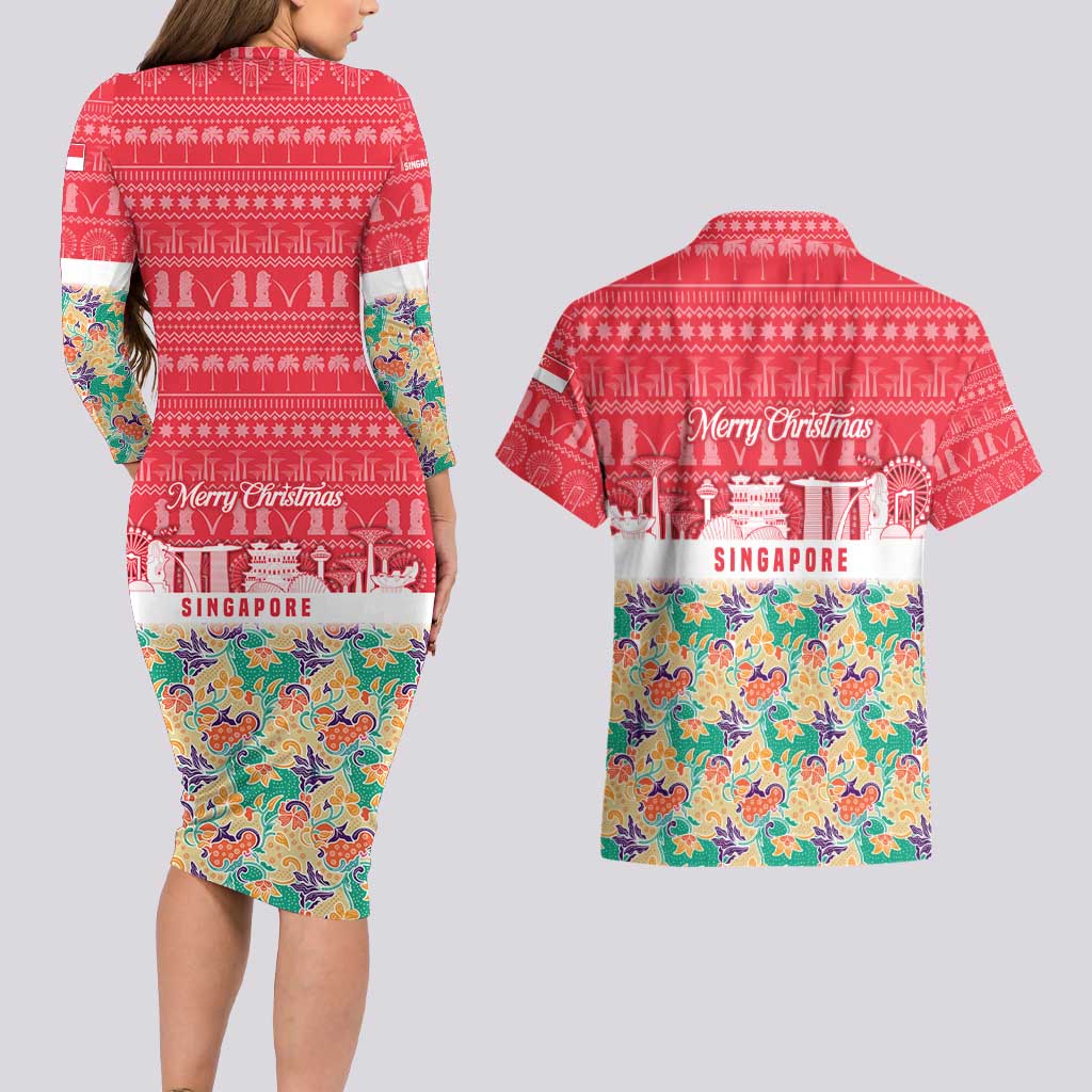 Singapore Christmas Couples Matching Long Sleeve Bodycon Dress and Hawaiian Shirt with Skyline Batik Patterns Landmark Silhouettes and Festive Design - Wonder Print Shop