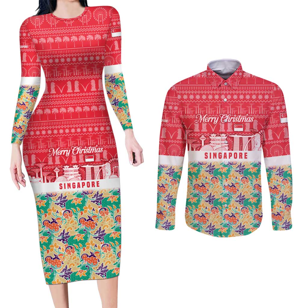 Singapore Christmas Couples Matching Long Sleeve Bodycon Dress and Long Sleeve Button Shirt with Skyline Batik Patterns Landmark Silhouettes and Festive Design - Wonder Print Shop