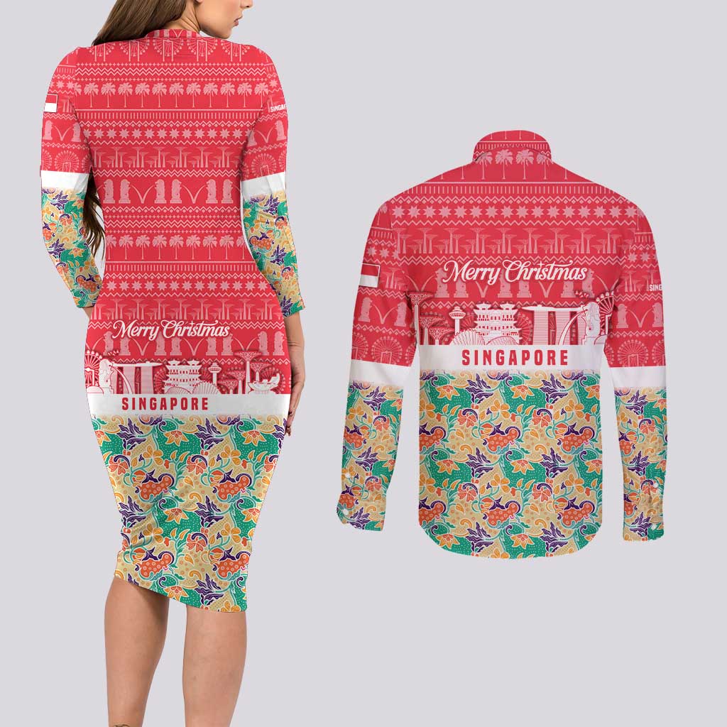 Singapore Christmas Couples Matching Long Sleeve Bodycon Dress and Long Sleeve Button Shirt with Skyline Batik Patterns Landmark Silhouettes and Festive Design - Wonder Print Shop