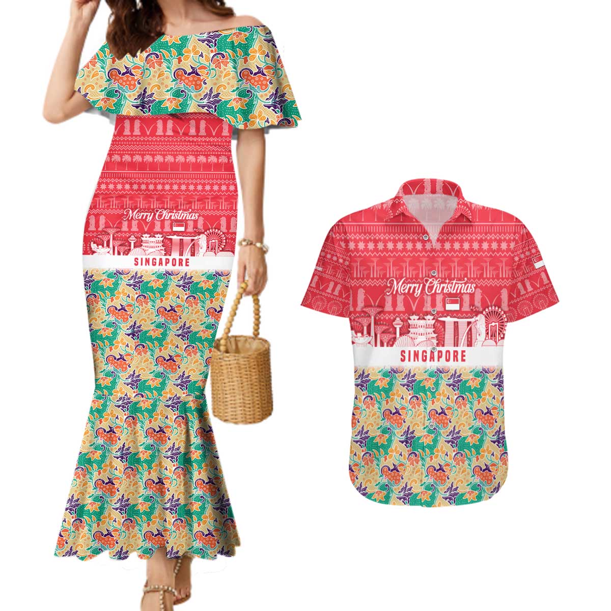 Singapore Christmas Couples Matching Mermaid Dress and Hawaiian Shirt with Skyline Batik Patterns Landmark Silhouettes and Festive Design - Wonder Print Shop