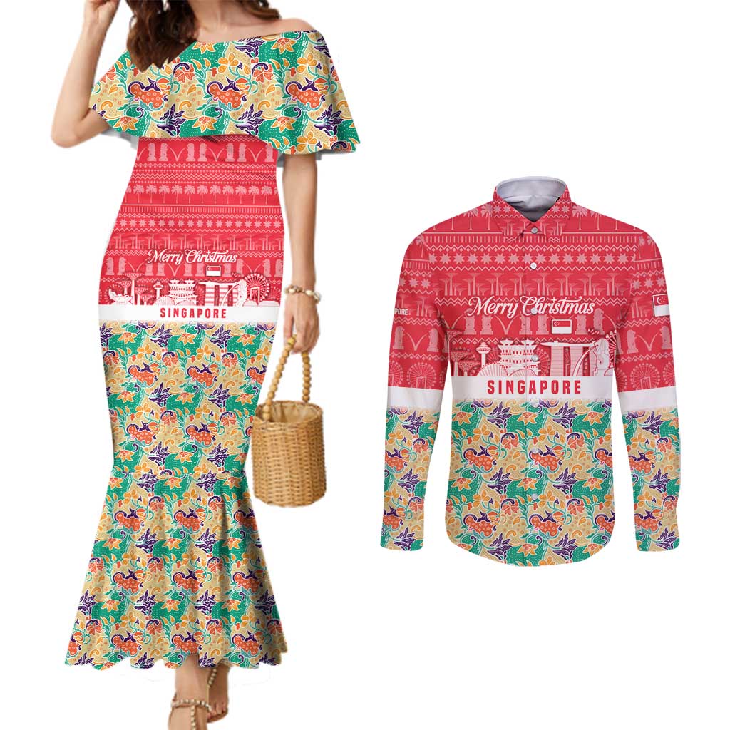 Singapore Christmas Couples Matching Mermaid Dress and Long Sleeve Button Shirt with Skyline Batik Patterns Landmark Silhouettes and Festive Design - Wonder Print Shop