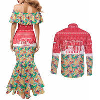 Singapore Christmas Couples Matching Mermaid Dress and Long Sleeve Button Shirt with Skyline Batik Patterns Landmark Silhouettes and Festive Design - Wonder Print Shop
