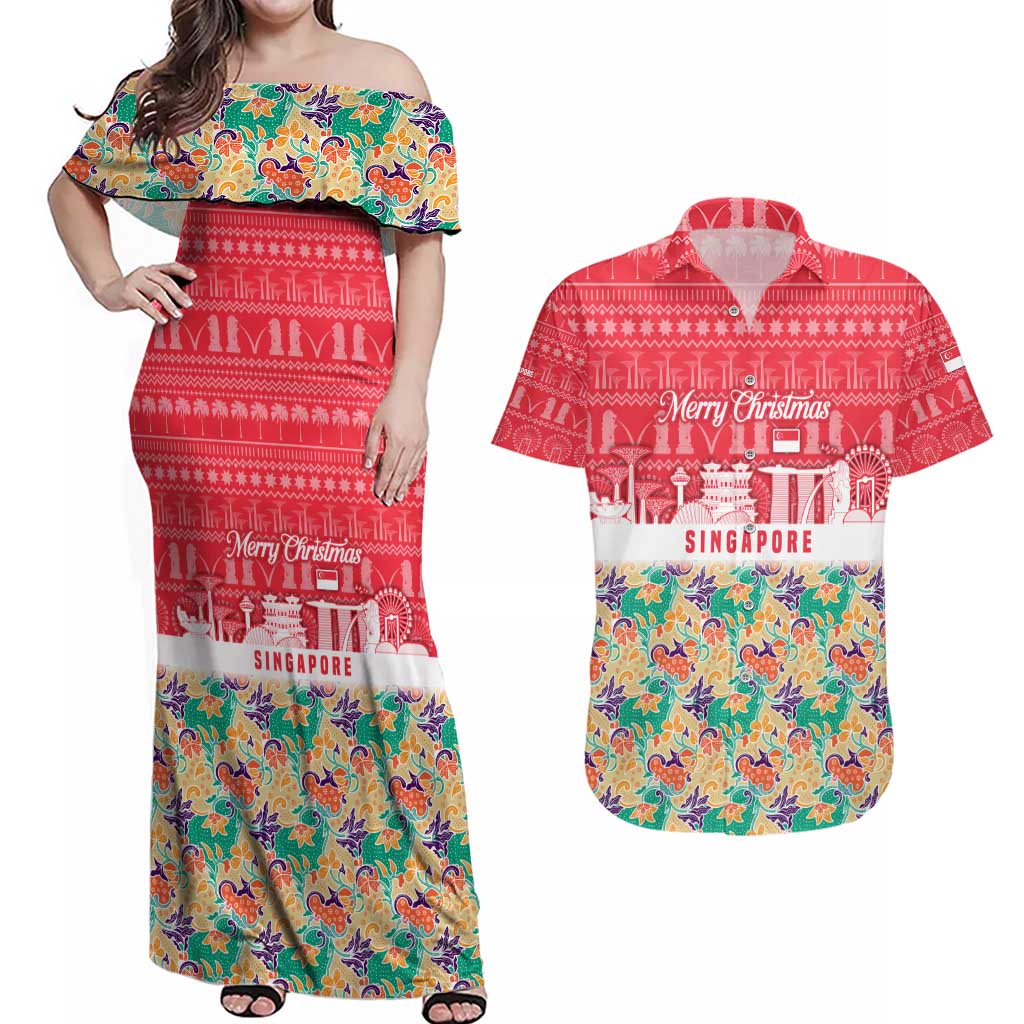 Singapore Christmas Couples Matching Off Shoulder Maxi Dress and Hawaiian Shirt with Skyline Batik Patterns Landmark Silhouettes and Festive Design - Wonder Print Shop