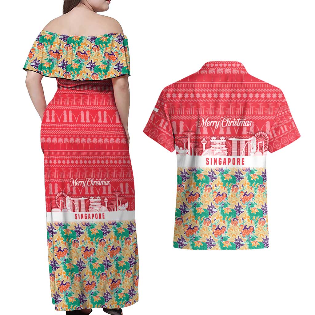 Singapore Christmas Couples Matching Off Shoulder Maxi Dress and Hawaiian Shirt with Skyline Batik Patterns Landmark Silhouettes and Festive Design - Wonder Print Shop