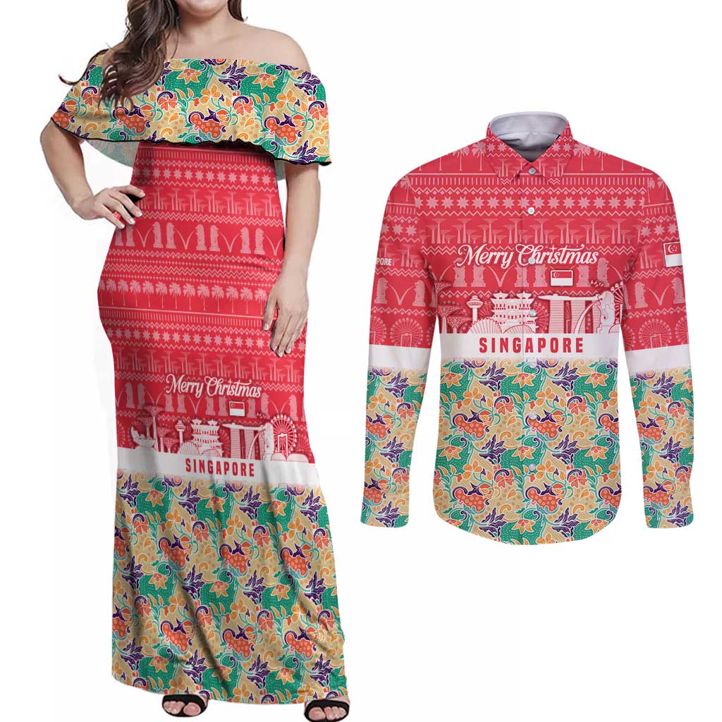 Singapore Christmas Couples Matching Off Shoulder Maxi Dress and Long Sleeve Button Shirt with Skyline Batik Patterns Landmark Silhouettes and Festive Design - Wonder Print Shop
