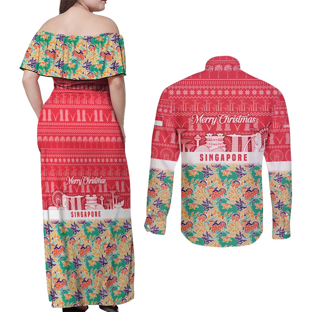 Singapore Christmas Couples Matching Off Shoulder Maxi Dress and Long Sleeve Button Shirt with Skyline Batik Patterns Landmark Silhouettes and Festive Design - Wonder Print Shop