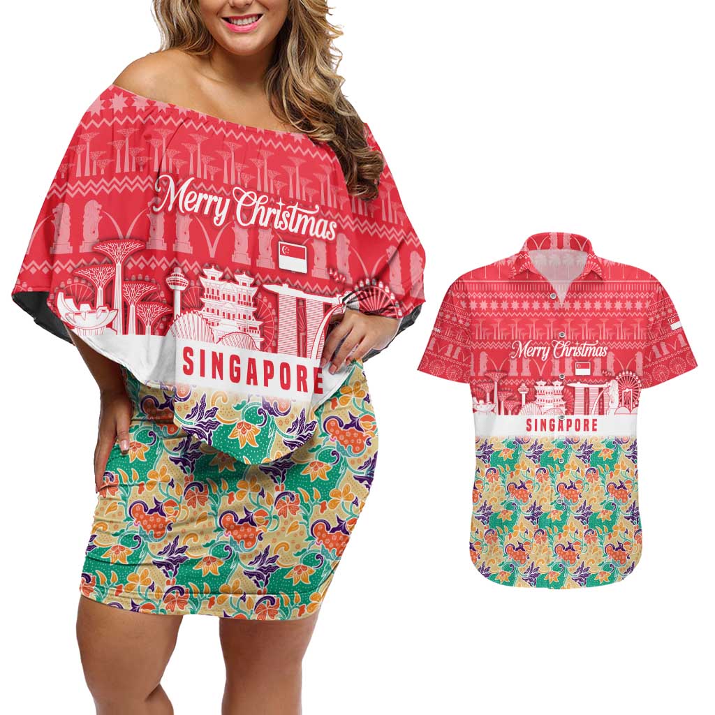 Singapore Christmas Couples Matching Off Shoulder Short Dress and Hawaiian Shirt with Skyline Batik Patterns Landmark Silhouettes and Festive Design - Wonder Print Shop