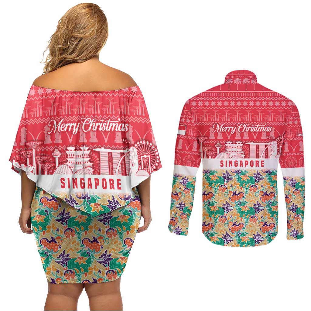 Singapore Christmas Couples Matching Off Shoulder Short Dress and Long Sleeve Button Shirt with Skyline Batik Patterns Landmark Silhouettes and Festive Design - Wonder Print Shop