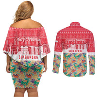 Singapore Christmas Couples Matching Off Shoulder Short Dress and Long Sleeve Button Shirt with Skyline Batik Patterns Landmark Silhouettes and Festive Design - Wonder Print Shop