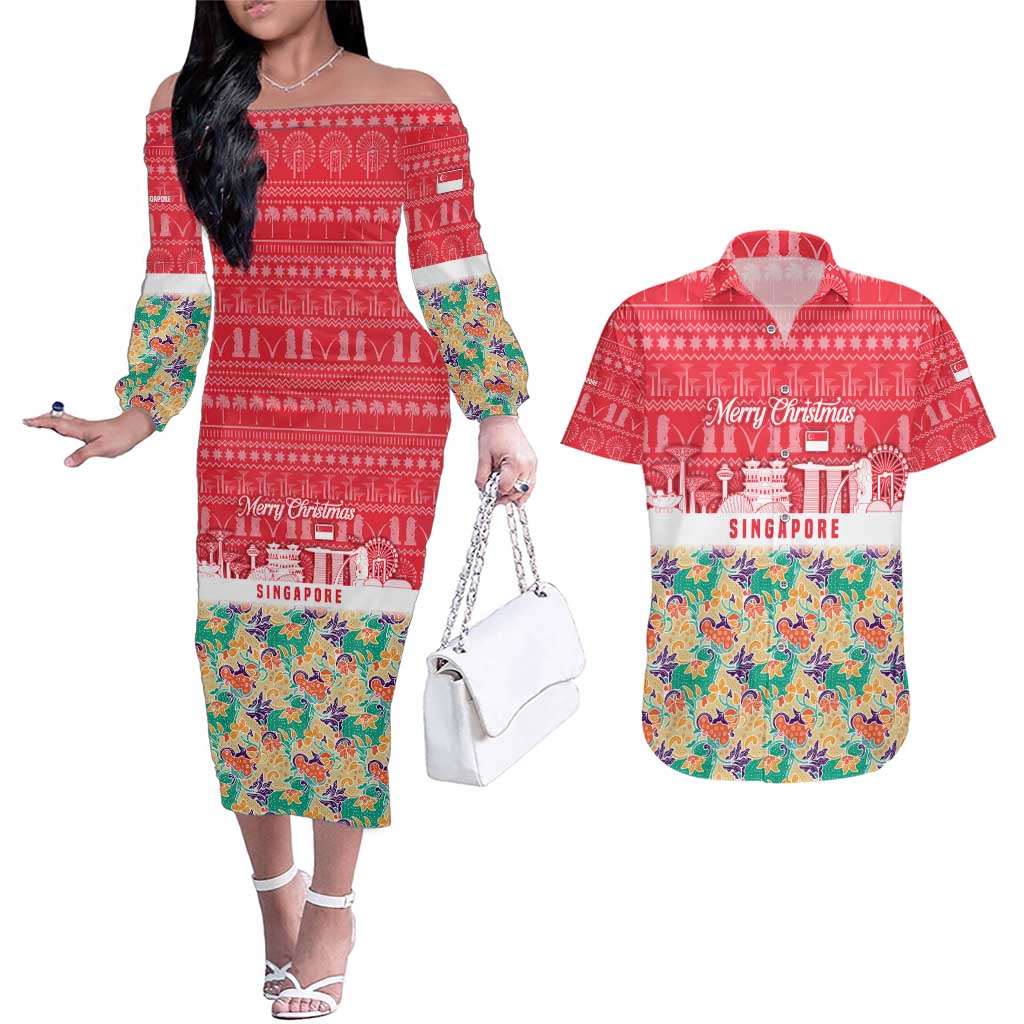 Singapore Christmas Couples Matching Off The Shoulder Long Sleeve Dress and Hawaiian Shirt with Skyline Batik Patterns Landmark Silhouettes and Festive Design - Wonder Print Shop