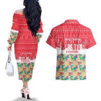 Singapore Christmas Couples Matching Off The Shoulder Long Sleeve Dress and Hawaiian Shirt with Skyline Batik Patterns Landmark Silhouettes and Festive Design - Wonder Print Shop
