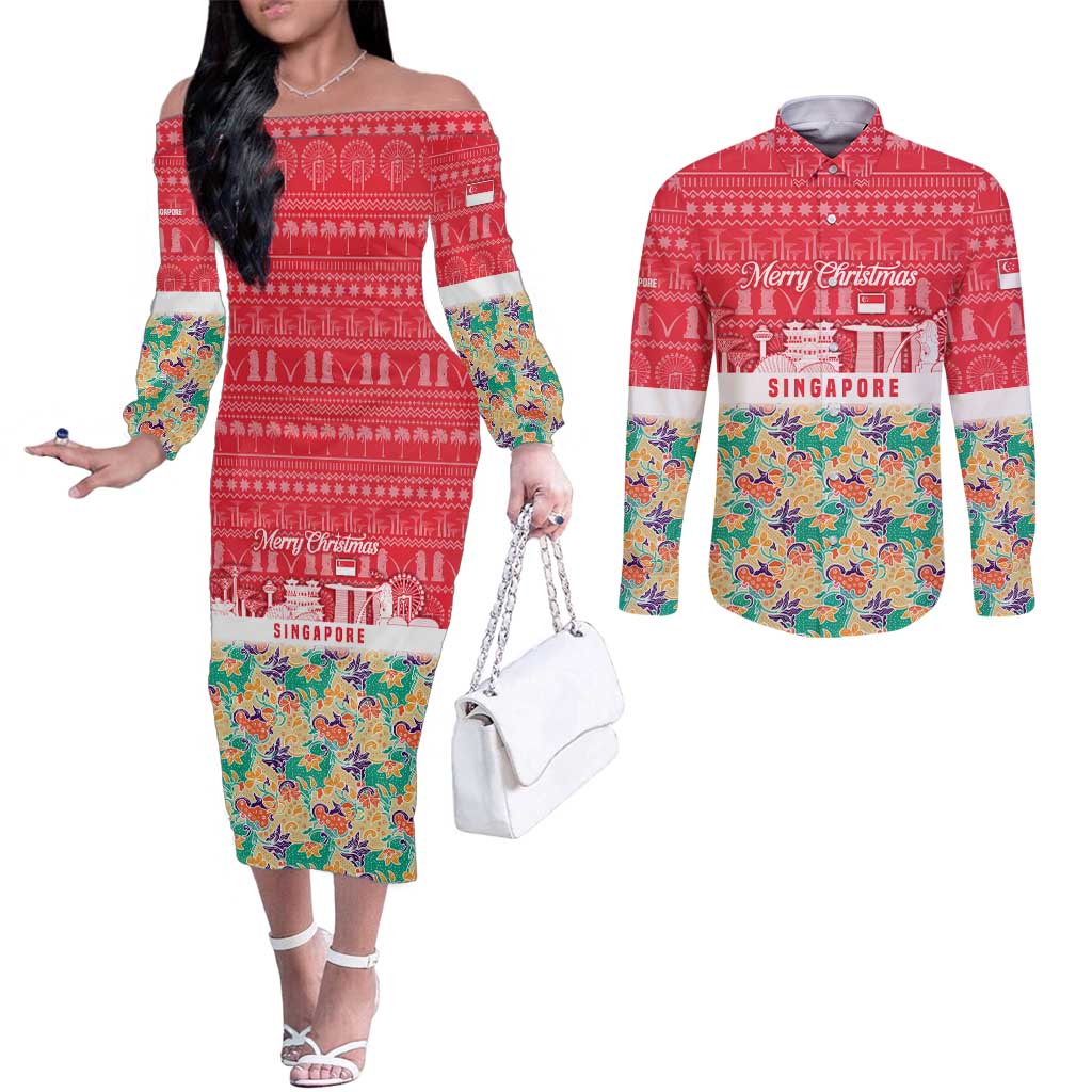 Singapore Christmas Couples Matching Off The Shoulder Long Sleeve Dress and Long Sleeve Button Shirt with Skyline Batik Patterns Landmark Silhouettes and Festive Design - Wonder Print Shop