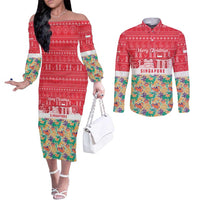Singapore Christmas Couples Matching Off The Shoulder Long Sleeve Dress and Long Sleeve Button Shirt with Skyline Batik Patterns Landmark Silhouettes and Festive Design - Wonder Print Shop