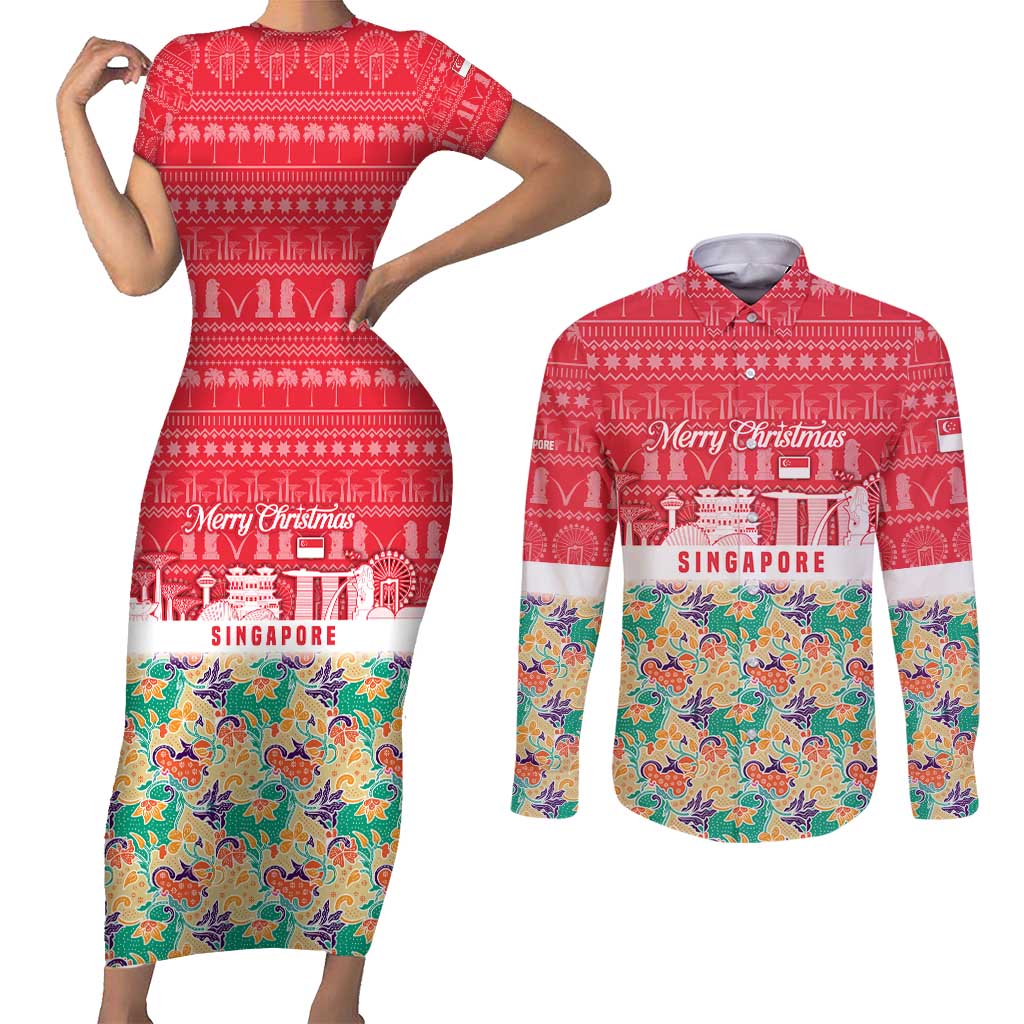 Singapore Christmas Couples Matching Short Sleeve Bodycon Dress and Long Sleeve Button Shirt with Skyline Batik Patterns Landmark Silhouettes and Festive Design - Wonder Print Shop