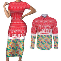 Singapore Christmas Couples Matching Short Sleeve Bodycon Dress and Long Sleeve Button Shirt with Skyline Batik Patterns Landmark Silhouettes and Festive Design - Wonder Print Shop