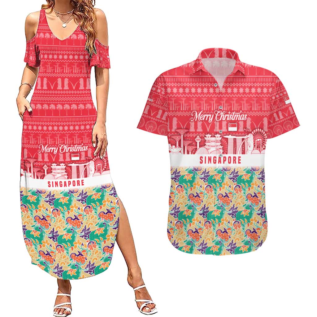 Singapore Christmas Couples Matching Summer Maxi Dress and Hawaiian Shirt with Skyline Batik Patterns Landmark Silhouettes and Festive Design - Wonder Print Shop