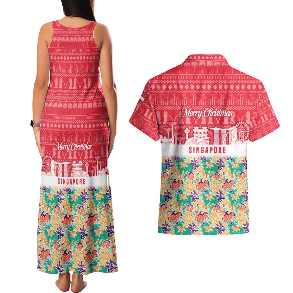 Singapore Christmas Couples Matching Tank Maxi Dress and Hawaiian Shirt with Skyline Batik Patterns Landmark Silhouettes and Festive Design - Wonder Print Shop